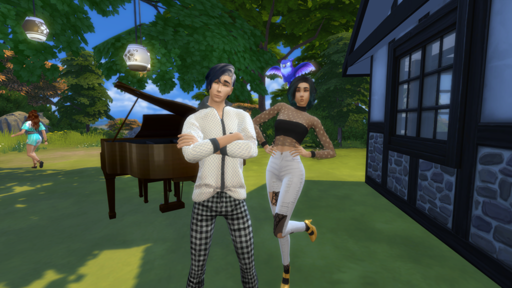 Male sim warlock and female sim witch with pet owl