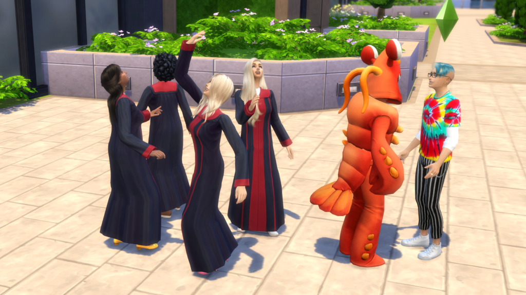 four sims that just graduated college celebrating and a student talking to the mascot