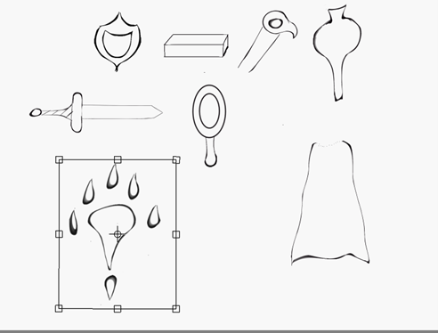 concept art of a shield, gold bar, staff, sword, dragons card, and other medieval items